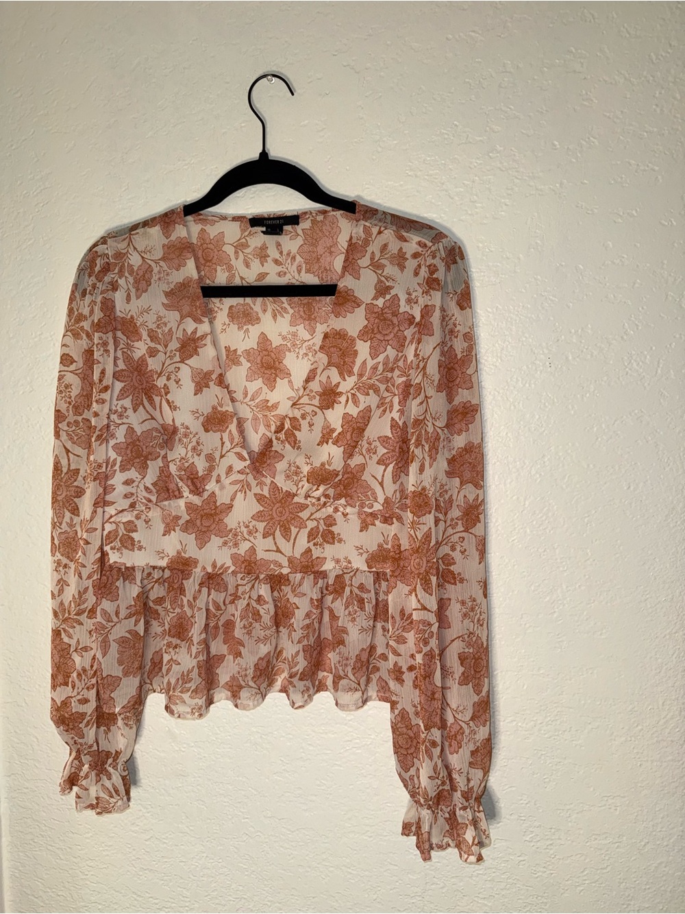 Forever 21 White Sheer Blouse with Rust Floral Print
